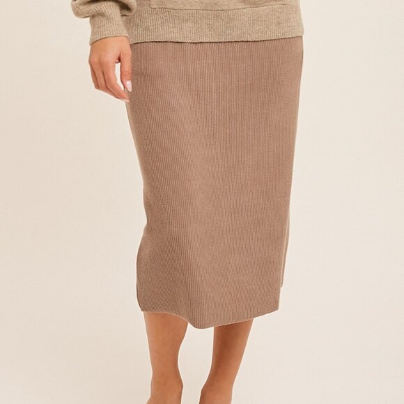 HEM & THREAD Taupe Ribbed Knit Midi Skirt Neutral Bodycon Sweater Skirt - Picture 2 of 2